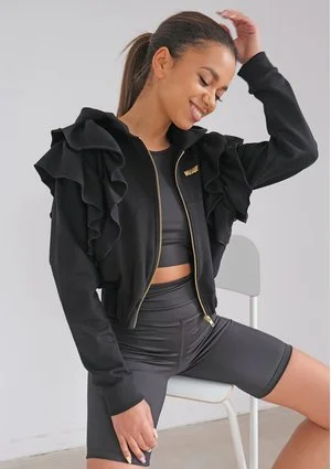 Black sweatshirt with frills and a zipper
