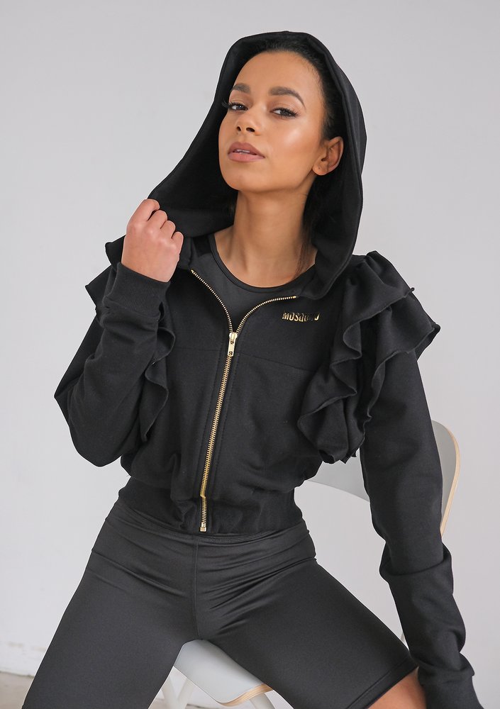 Black sweatshirt with frills and a zipper