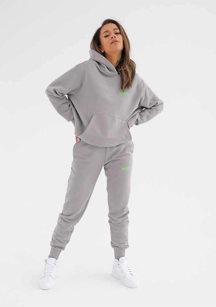 Grey sweatpants with a lime logo