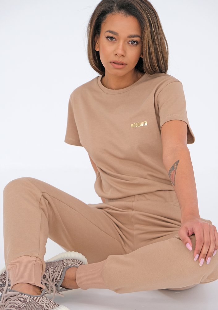 Beige T-shirt with a golden logo