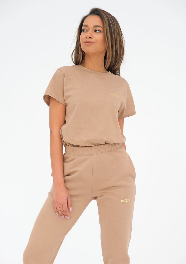 Beige T-shirt with a golden logo