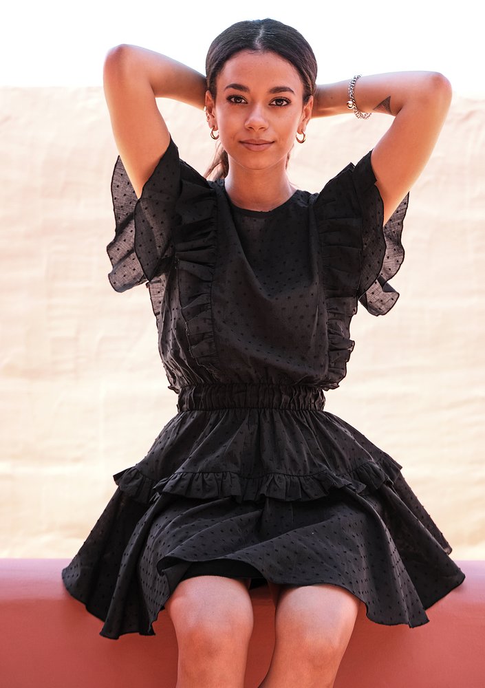 Mini boho black dress with frills