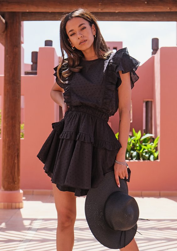 Mini boho black dress with frills