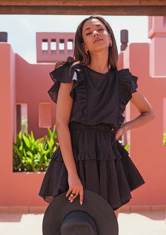 Mini boho black dress with frills