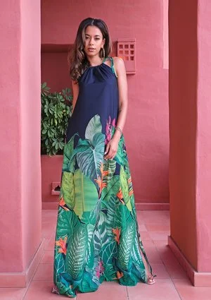 Maxi navy blue dress with a leaf pattern