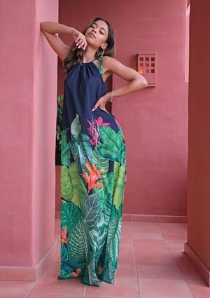 Maxi navy blue dress with a leaf pattern