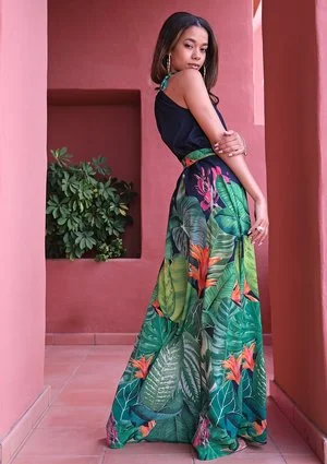 Maxi navy blue dress with a leaf pattern