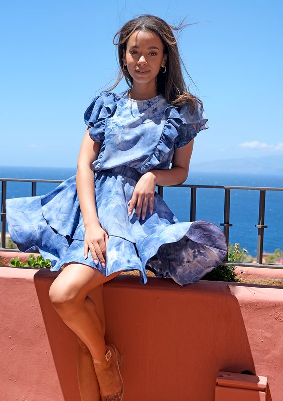 Mini tie dyed blue dress with frills