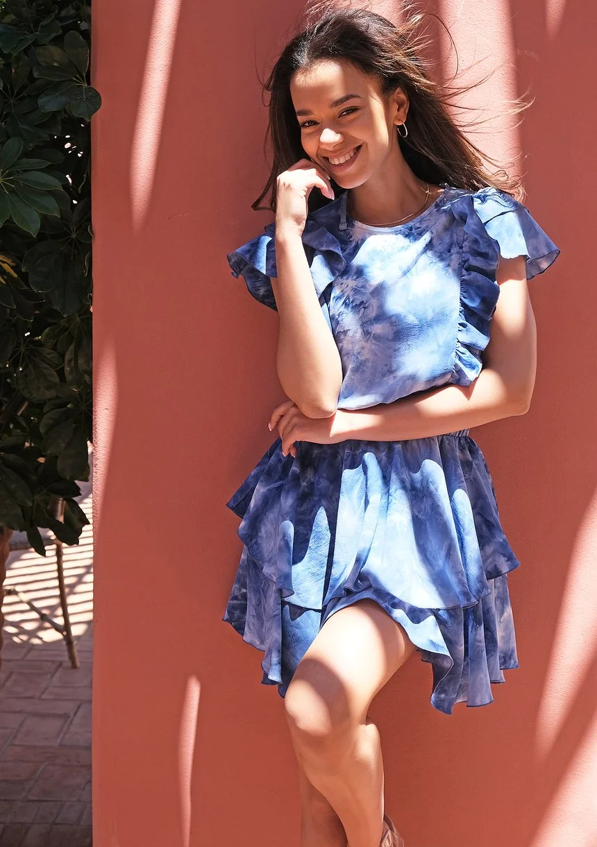 Mini tie dyed blue dress with frills