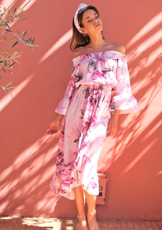 Midi white dress with floral print