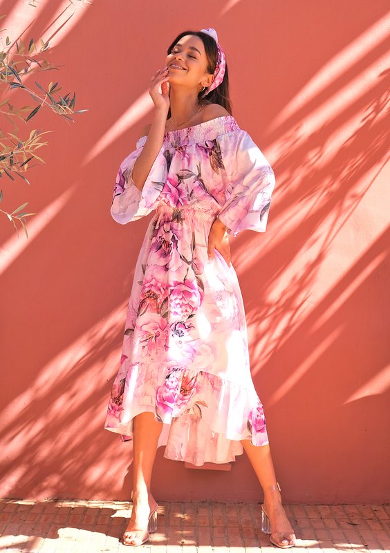 Midi white dress with floral print