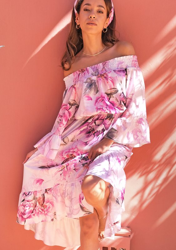 Midi white dress with floral print