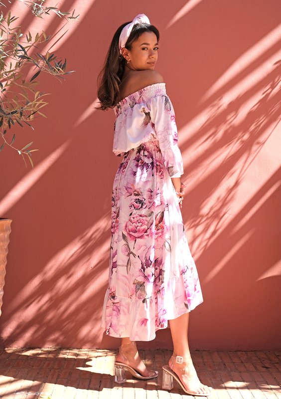 Midi white dress with floral print