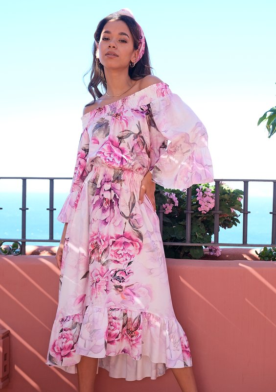 Midi white dress with floral print