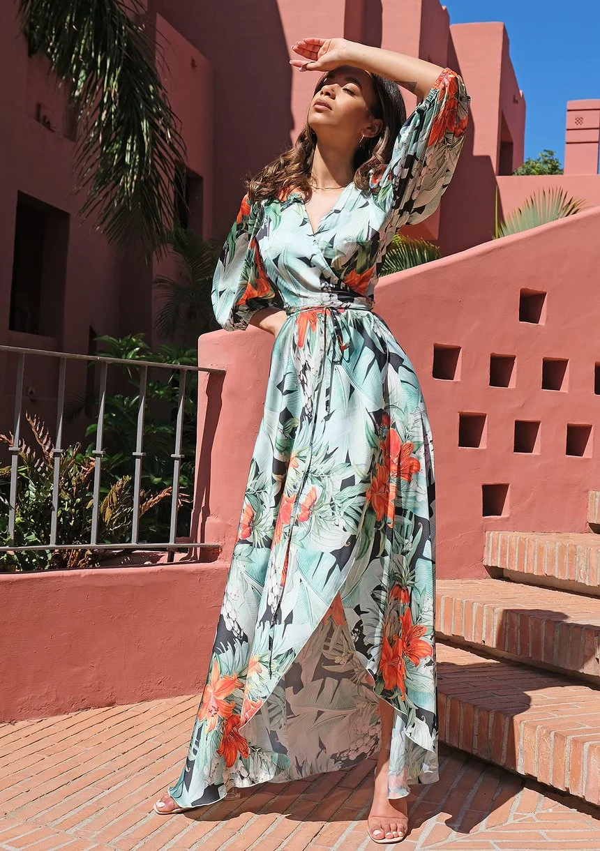 Maxi wrap satin dress with monstera leaves