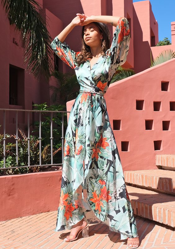 Maxi wrap satin dress with monstera leaves