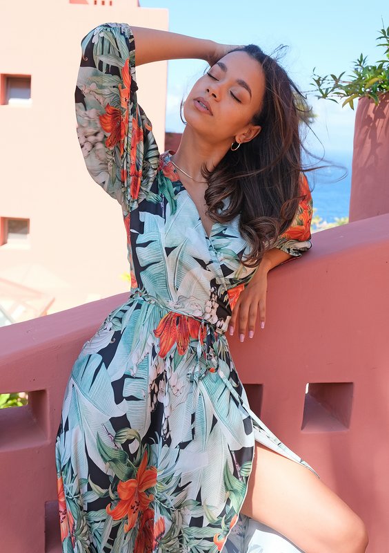 Maxi wrap satin dress with monstera leaves