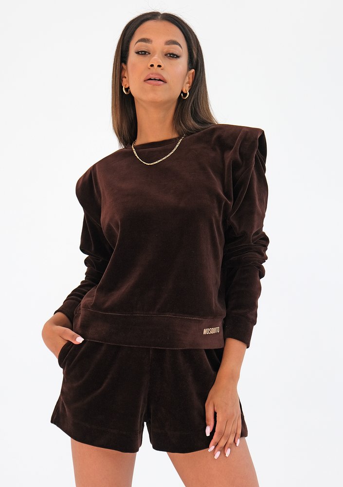 Velvet sweatshirt with shoulder pads Brown