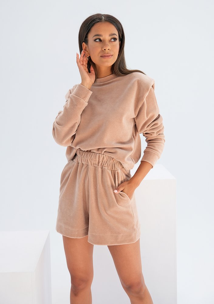 Velvet sweatshirt with shoulder pads Beige