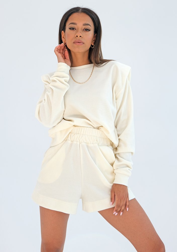 Velvet sweatshirt with shoulder pads Ecru