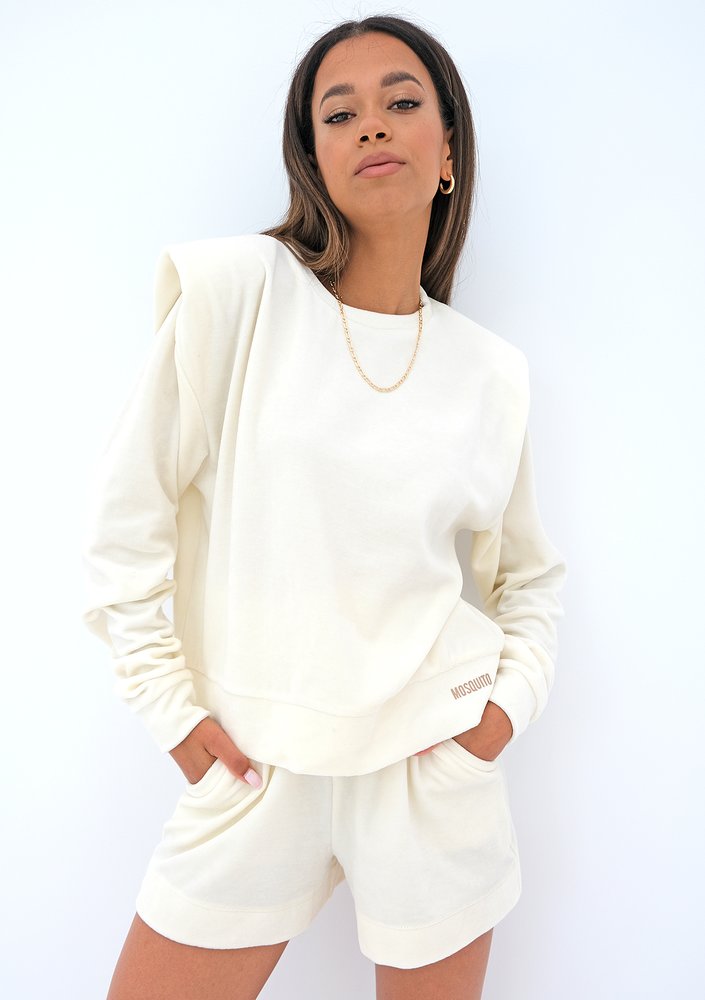 Velvet sweatshirt with shoulder pads Ecru
