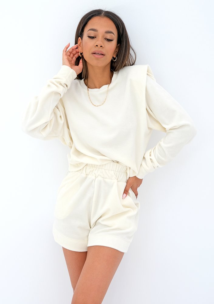 Velvet sweatshirt with shoulder pads Ecru