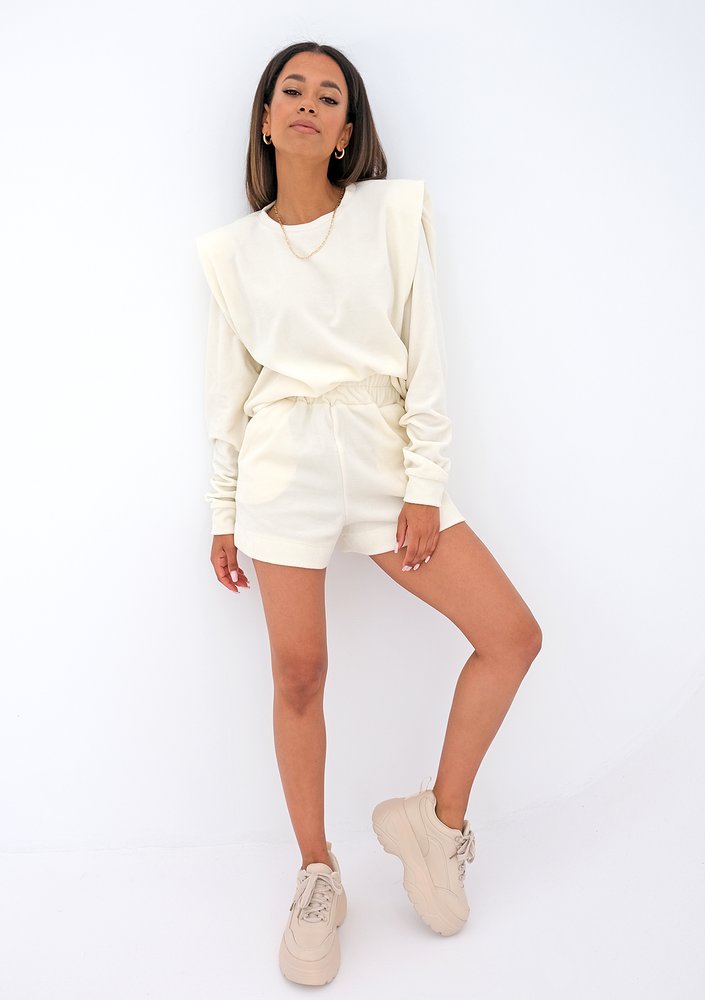 Velvet sweatshirt with shoulder pads Ecru