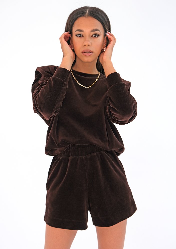 Velvet sweatshirt with shoulder pads Brown