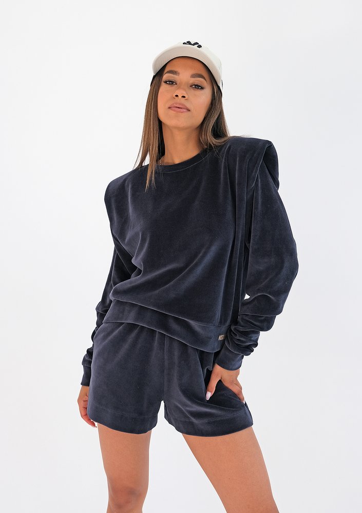 Velvet sweatshirt with shoulder pads Navy