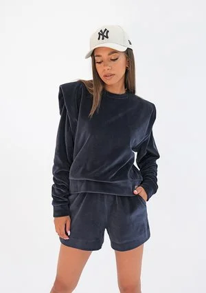 Velvet sweatshirt with shoulder pads Navy