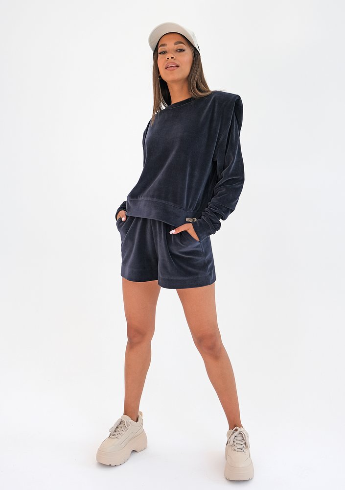 Velvet sweatshirt with shoulder pads Navy