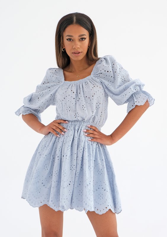Openwork light blue dress with puff sleeves