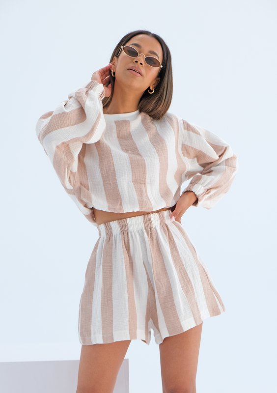 Szorty z muślinu w paski Beżowe