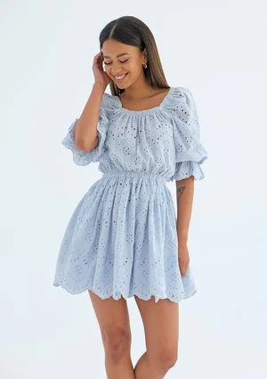 Openwork light blue dress with puff sleeves