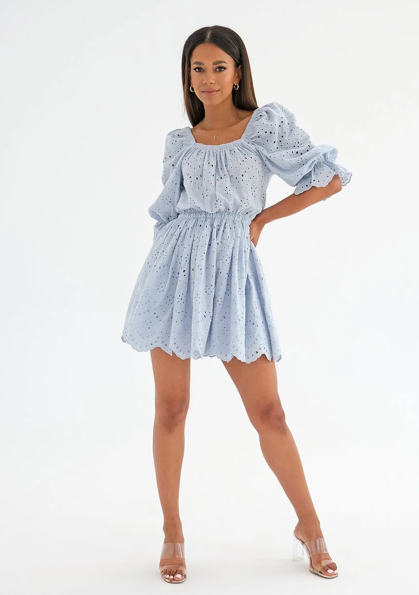 Openwork light blue dress with puff sleeves