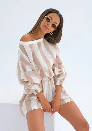 Bluza z muślinu w paski Beżowa
