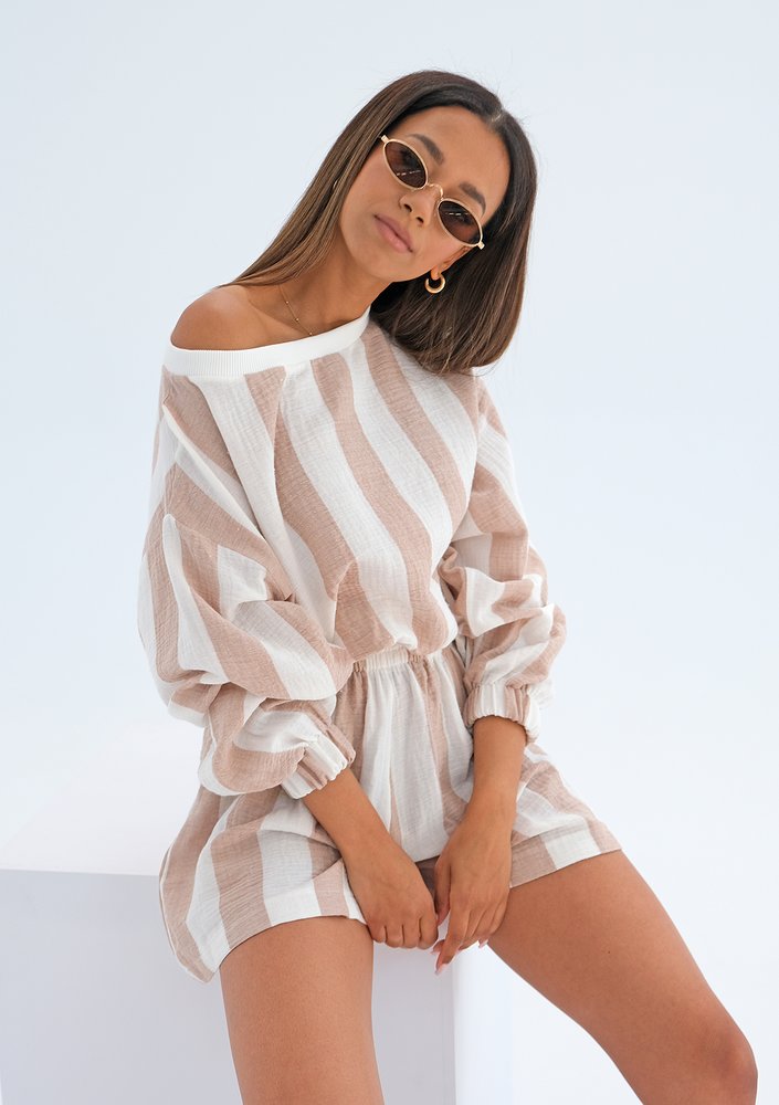 Muslin blouse with beige stripes