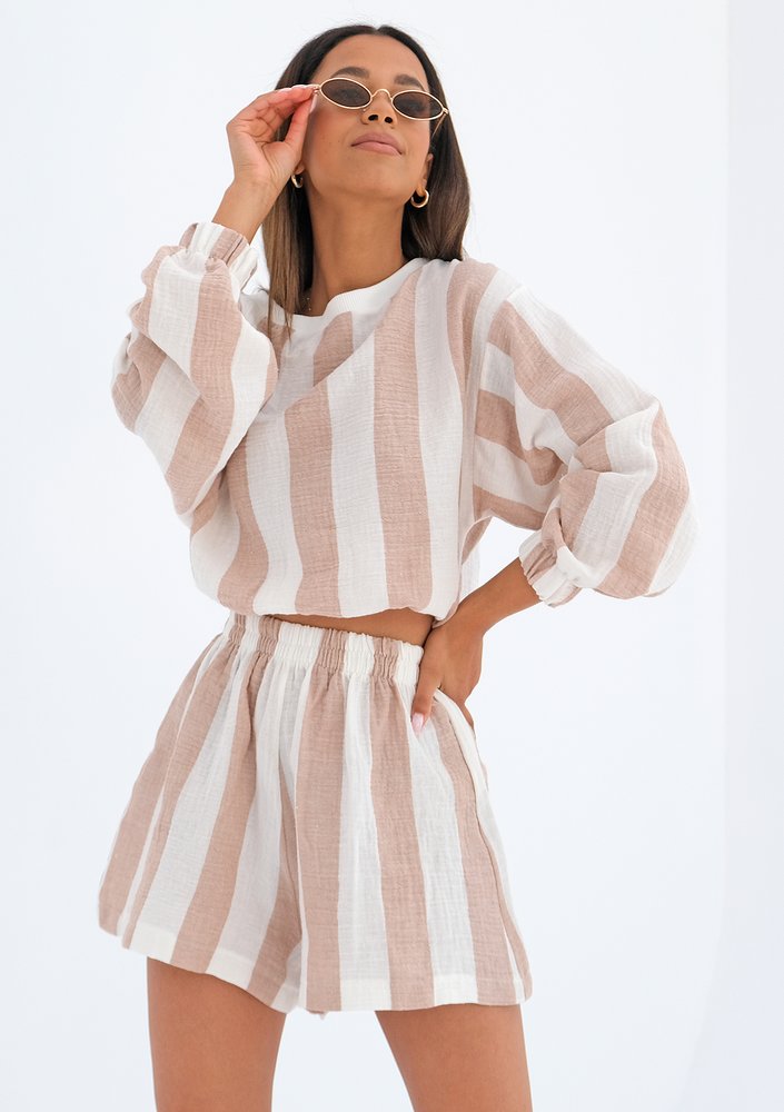Bluza z muślinu w paski Beżowa