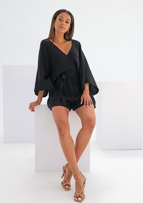Muślinowy top kimono Czarny