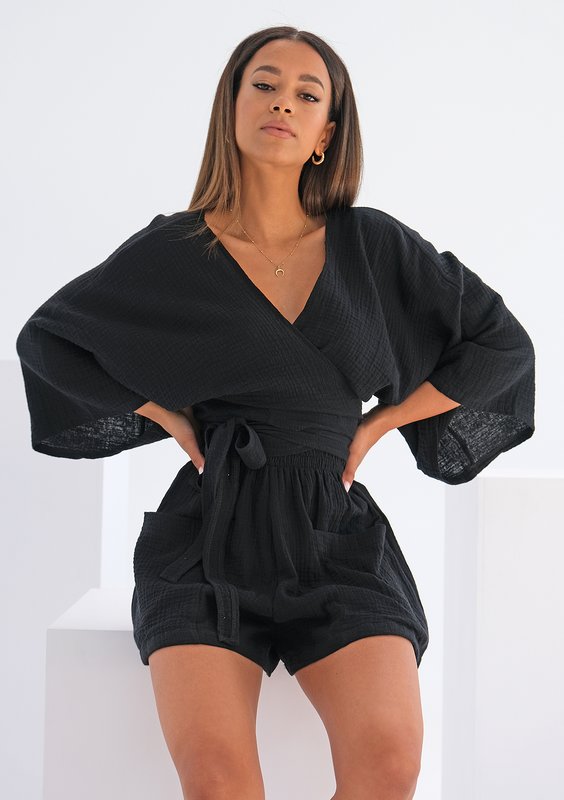 Muślinowy top kimono Czarny