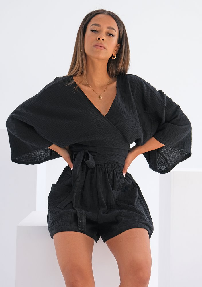 Muślinowy top kimono Czarny