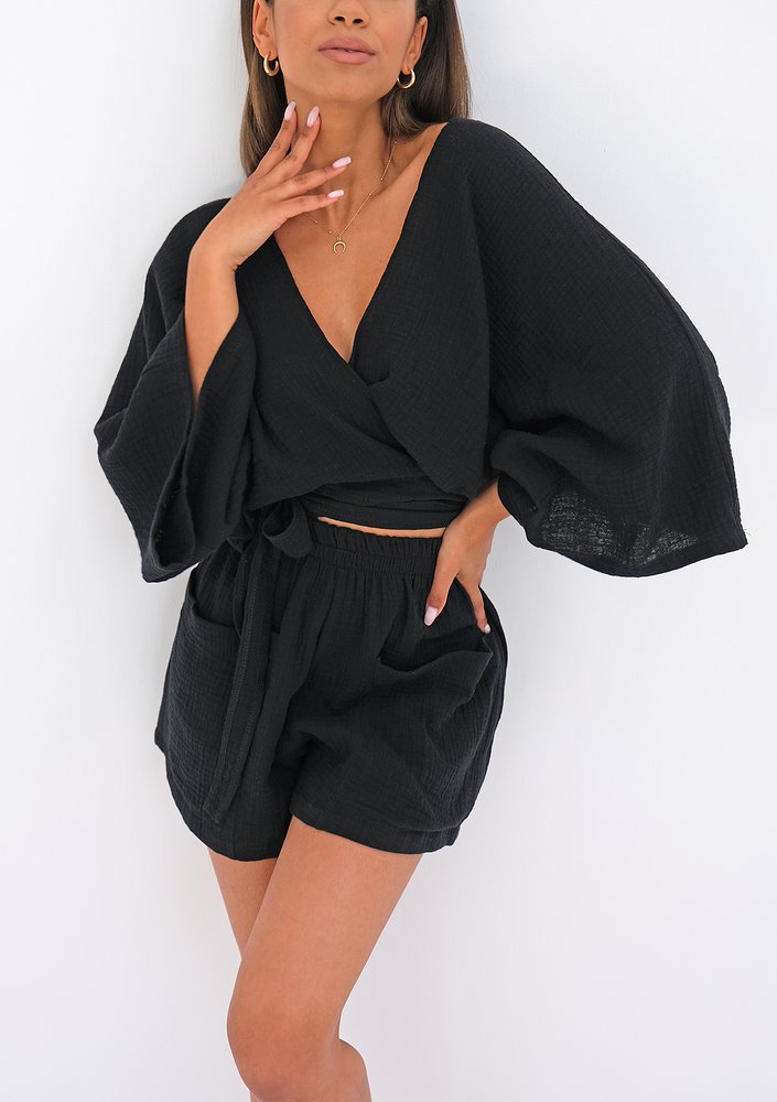 Muślinowy top kimono Czarny