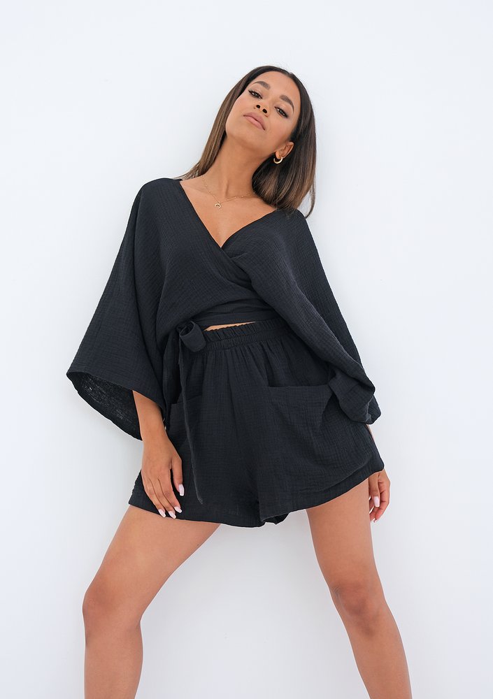 Muślinowy top kimono Czarny