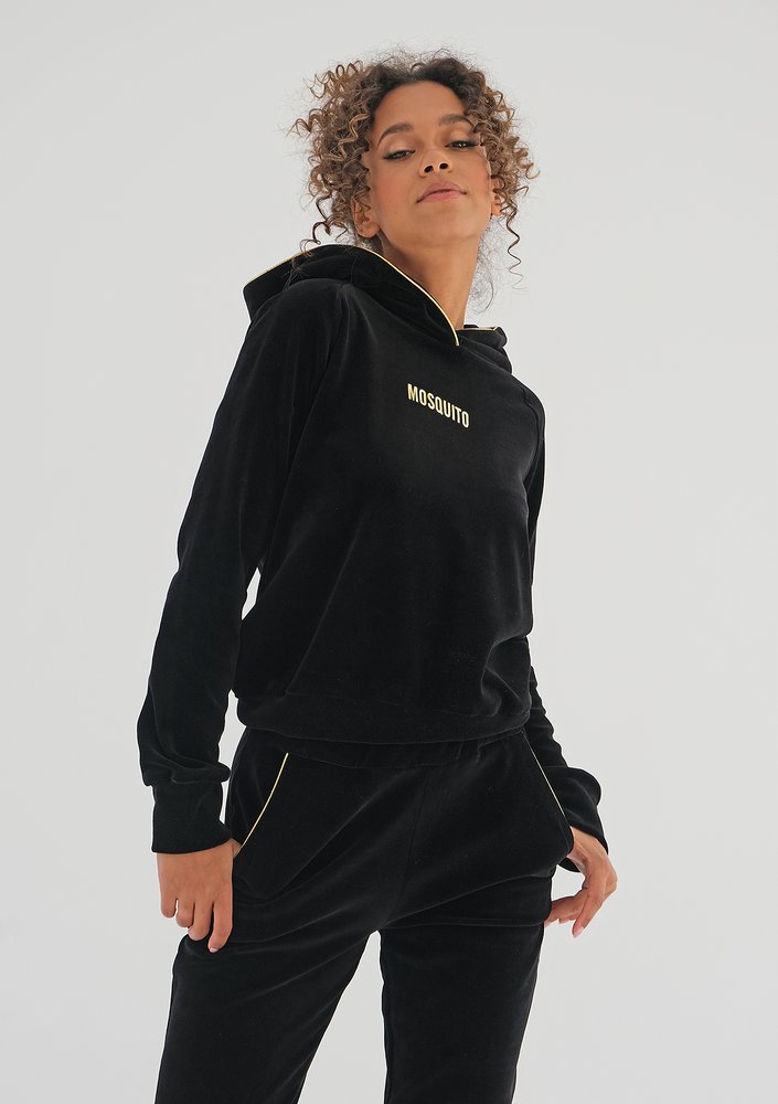 Bluza velvet  z kapturem i złotymi detalami Czarna