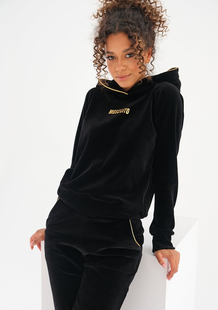 Bluza velvet  z kapturem i złotymi detalami Czarna