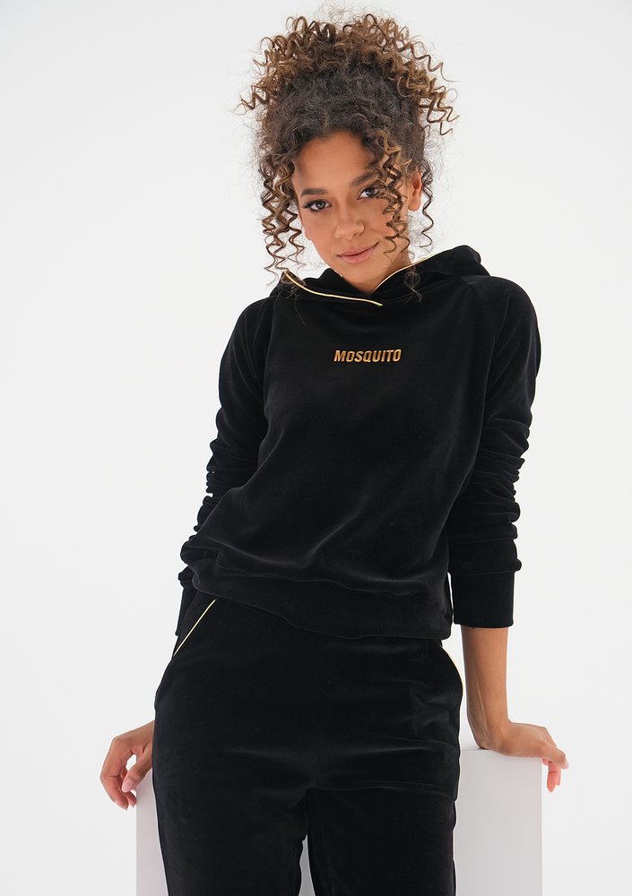Bluza velvet  z kapturem i złotymi detalami Czarna