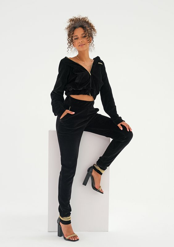 Spodnie velvet z wysokim stanem Czarne