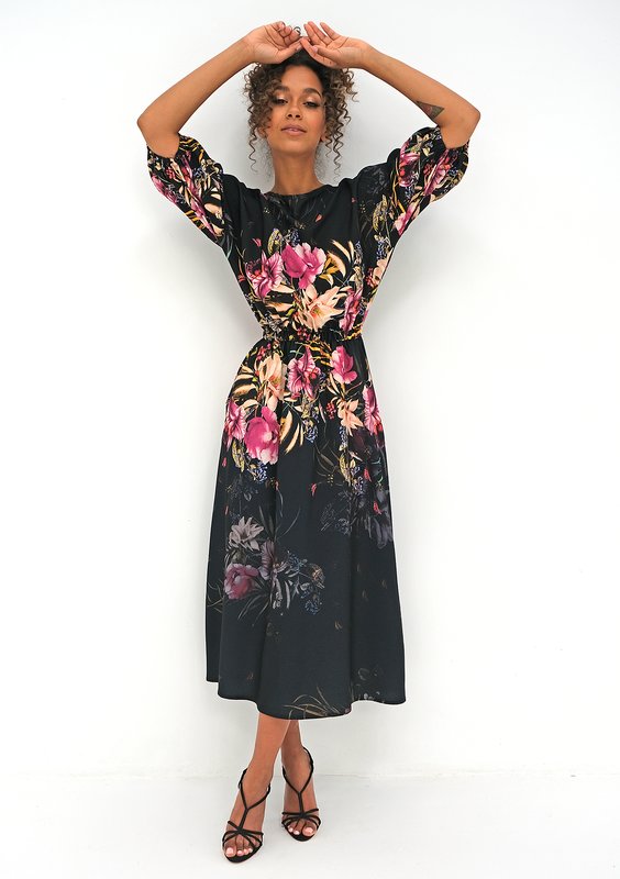 Midi black dress with a peony flower print