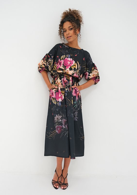 Midi black dress with a peony flower print