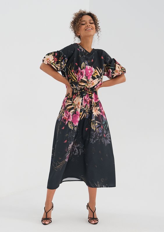 Midi black dress with a peony flower print